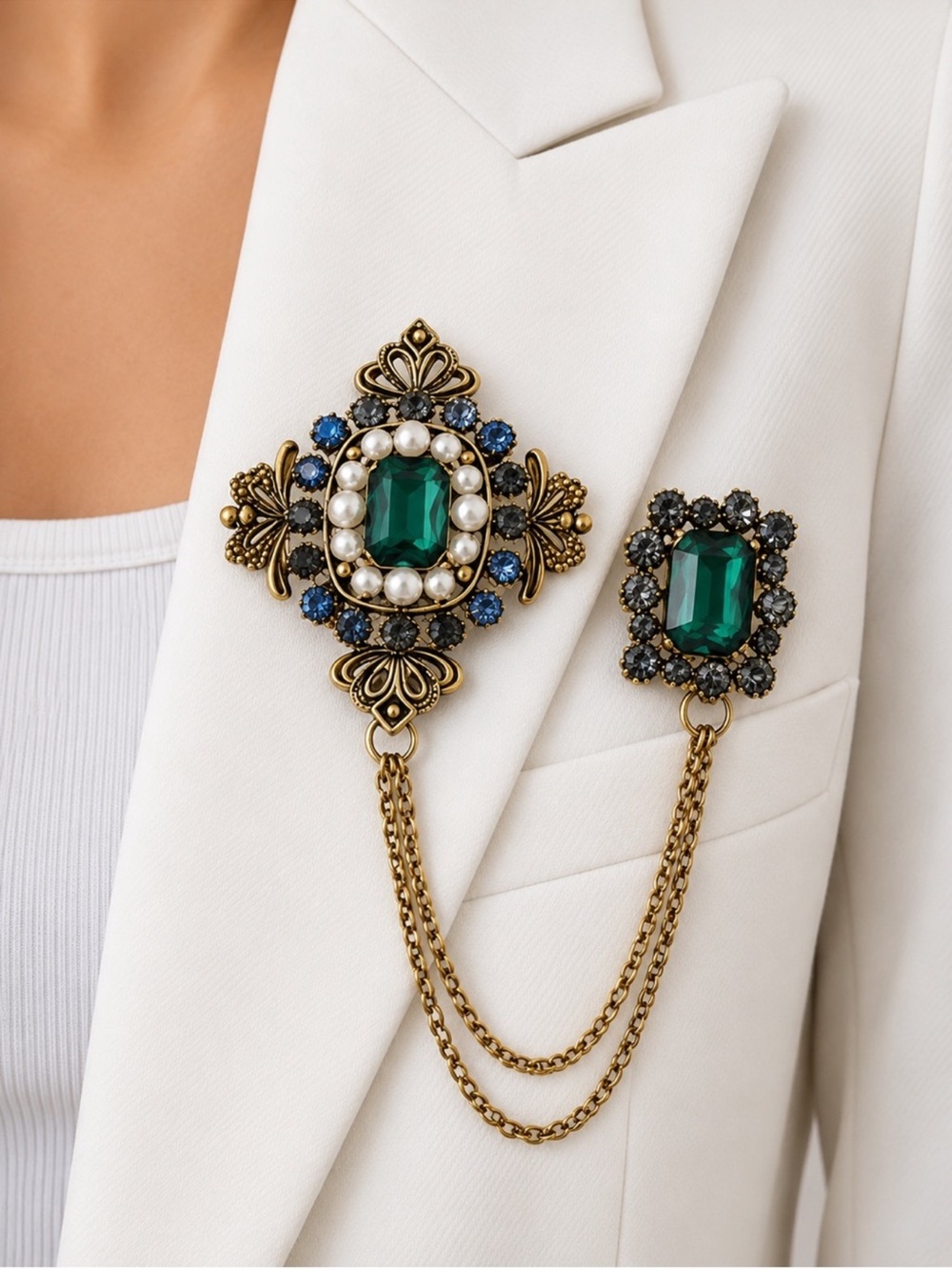 Gold-Tone Brooch with Emerald Green and Blue Accents